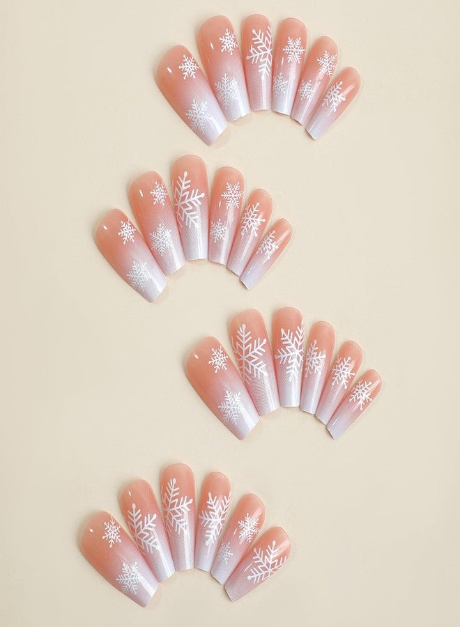 Nobeka Christmas Press on Nails - Medium Square Nude Fake Nails White French Tip Snowflake Fake Nails Winter Xmas Stick on Nail, Glossy Glue on False Nail for Women Girls, Salon Quality12 Sizes - 24 Pcs Kit - Image 4